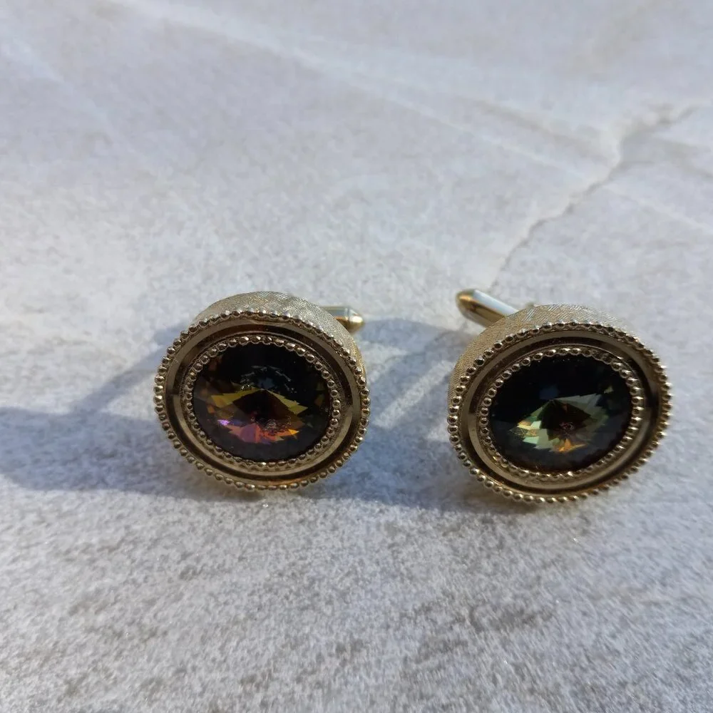 1960s MCM Swarovski Rivoli Crystal Gold Cufflinks Mad Men Style